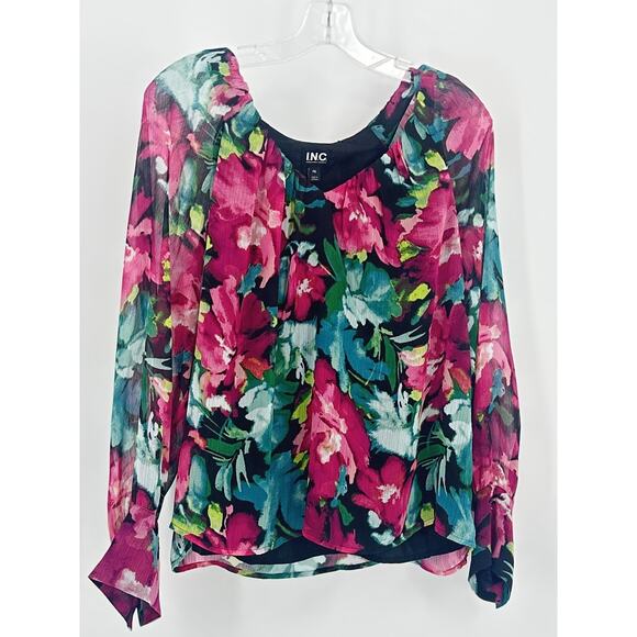 INC Womens PXL Floral Chiffon Blouse Pink Teal Sheer Long Sleeve Lined Hi-Low - Picture 2 of 13